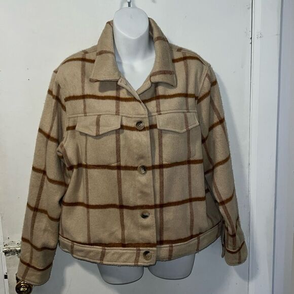 JOIE Neutral Tan and Brown Plaid Crop Shacket-L - Picture 1 of 8